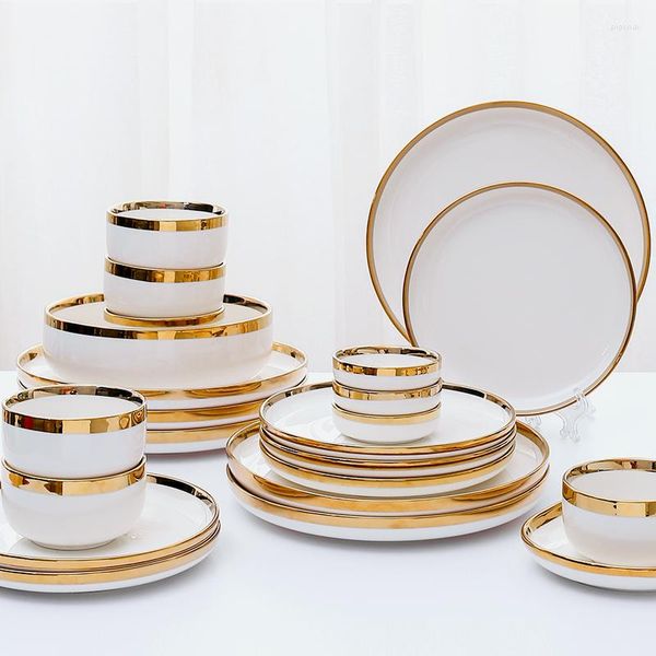 Placas 2/4/6/8 Pessoa Use pratos de mesa de mesa Definir prato de cerâmica tigela de porcelana branca prato de jantar para festa de restaurante