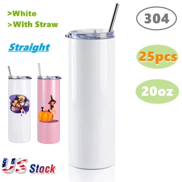 25pc/caixa de sublimação de 20 onças em branco Tumbler aço inoxidável aço reto garrafas de água isoladas de carro portátil canecas de chá de café nos EUA armazém