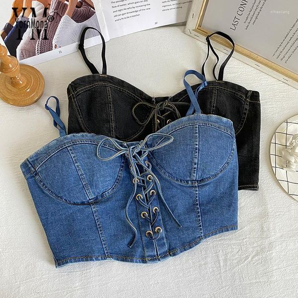 Frauen Tanks Yornmona Ins Mode Verband Denim sexy Camis Tops Frauen schwarz blau Streetwear Armband Kurzjeans Chic Ladies Shirts