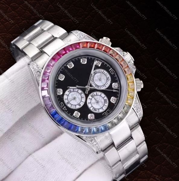 2023 Designer Watch Mens Saatleri Otomatik Hine 904L Paslanmaz Çelik Bant Renkli Seramik Dial Glow Gömme Elmas Exquisit Moda