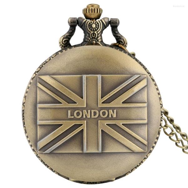 Карманные часы Retro UK Flag Display Bronze London British Pattern Women Men Men Quartz Watch Vintage Chains Masculino Gifts