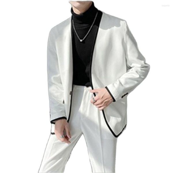 Мужские костюмы, адаптированные белые глубокие V-образные, однобортные с черным хьюмингом, свадебные брюки блейзер