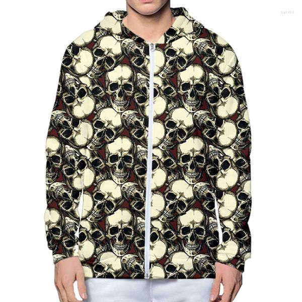 Hoodies masculinos harajuku zip capuz s caveira dourada impressão 3d engraçada rosto louco, hip hop moletom zíper homem homem casaco