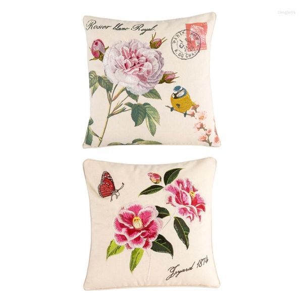 Federa per cuscino Lino in stile cinese classico Tiro Vintage Peony Flower Bird Ricamato Divano per la casa Cuscino decorativo Cove