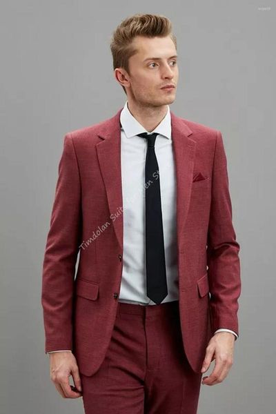 Herrenanzüge Beerenfarbe Männliche Dinner-Party-Kleidung Kerbe-Revers-Blazer-Hose Herren-Hochzeitskleidung 2-teiliges Burgunder-Jacken-Hosen-Outfit