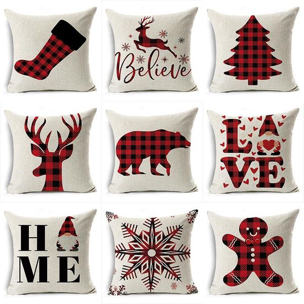 Decorações de Natal Santa Winter Deer Tree Decor Home Linen Cushion Capa 45 45cm Red Scottish Plaid Merry Pillow Capas