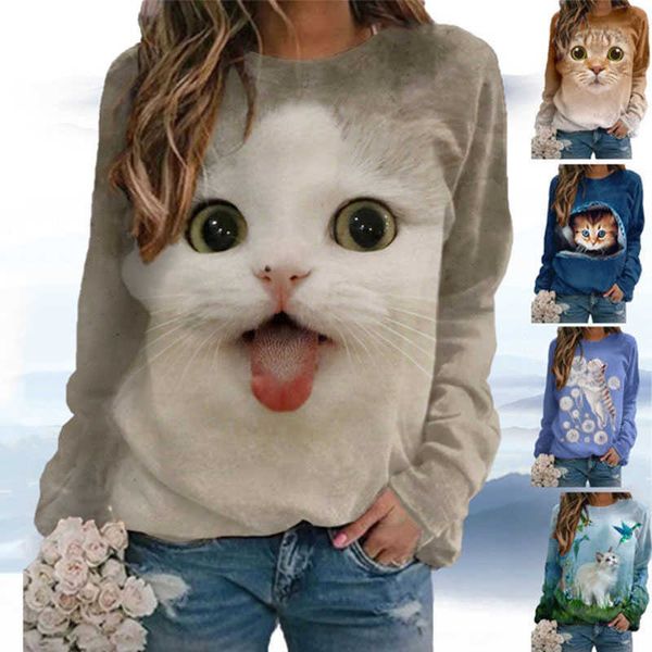 T-shirt da donna 2022 New Y2K Cat 3D Print T-shirt Donna Moda Casual O-Collo Top Manica lunga Primavera Estate Vintage Oversize Pullover T-shirt T230104