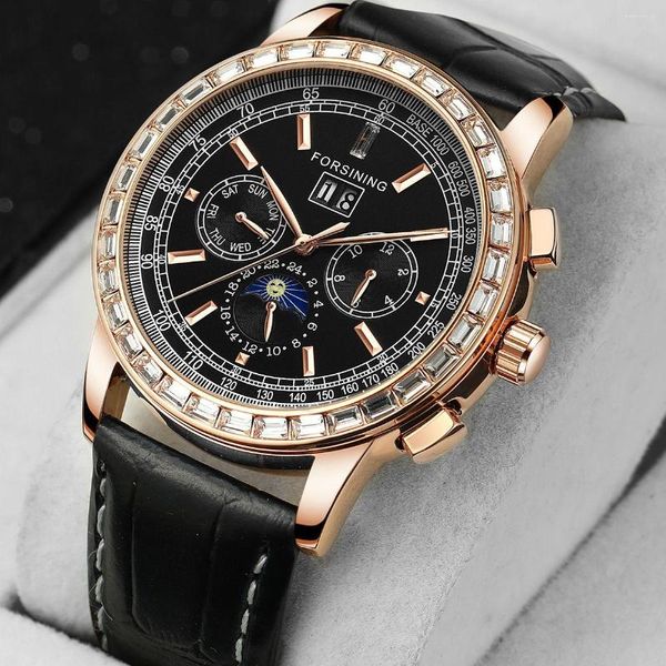 Relógios de pulso para o Forsining Military Mils Watches Top Automatic Sport Watch for Men Caso de diamante de couro mecânico