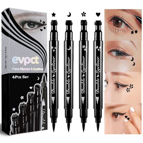 4 em 1 Face Tyeliner Stamps Makeup Stars Stars Flowers Hearts Moon Black líquido Wingled Wingliner Star Shapes Olhar Liner Wing Stamp Figures Ferramenta Lápis