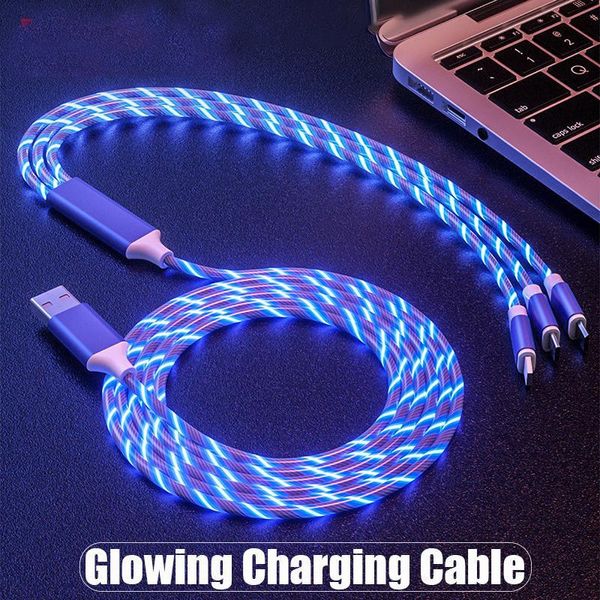 3 arada 1 USB Şarj Cihazı Kablosu Mikro Mikro USB Tip C Şarjı 1.2m Akıllı Telefon Şarjı LED Flamer Glow Acring Cord