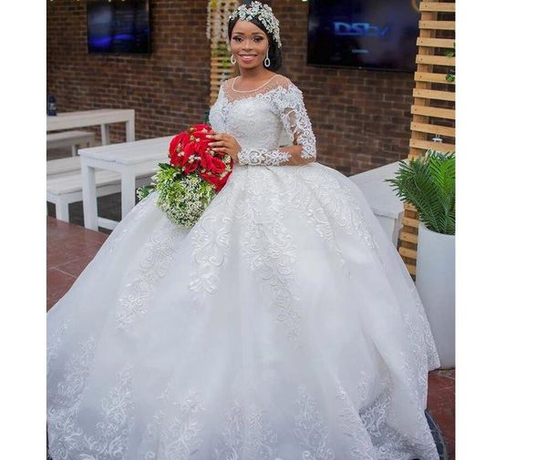 Wunderschöne weiße Ballkleid-Hochzeitskleider mit langen Ärmeln, Spitzenapplikationen, Brautkleider, Juwelenausschnitt, Schnürung am Rücken, Afrika, Hochzeit, Übergröße, individuell