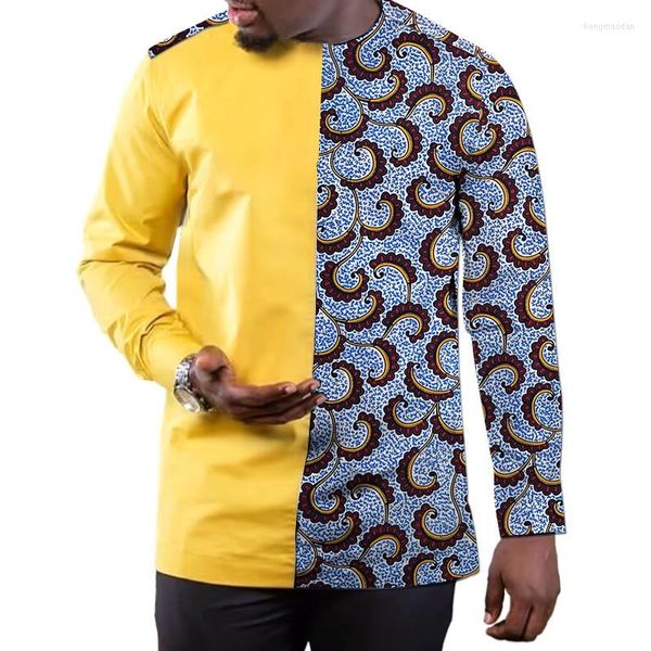 Männer Casual Hemden Gelb Männer Hemd Patchwork Tops Dashiki Baumwolle Wachs Mix Männlich Bräutigam Tragen Afrikanische Party Kleidung