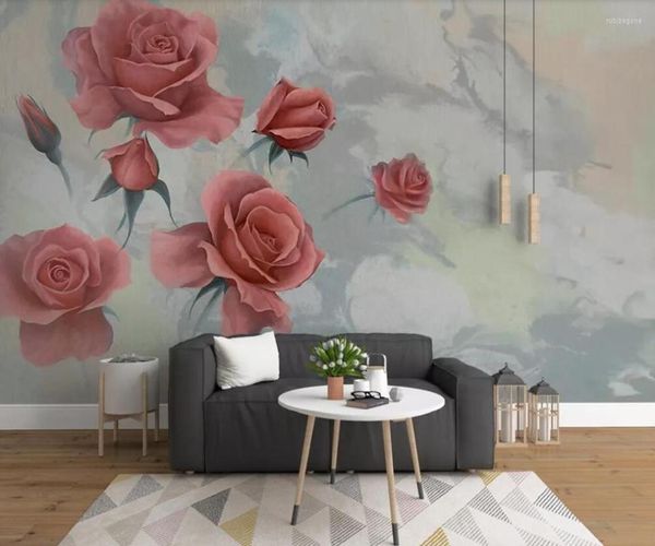 Sfondi Carta da parati murale personalizzata 3D Pittura nordica minimalista dipinta a mano con decorazione murale rosa