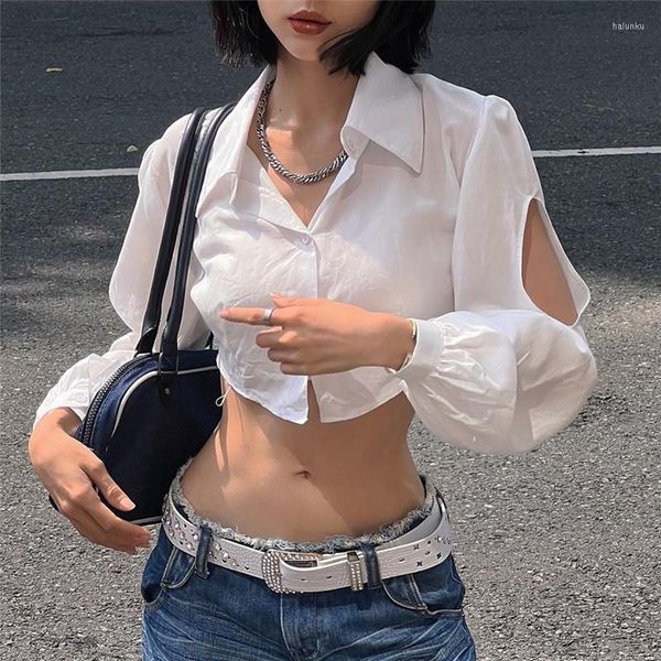 Camicette da donna K-shirt coreana a maniche lunghe da donna 2023 Fashion Ladies Club Street Camicetta corta bianca sexy da donna Primavera Estate Top giapponese