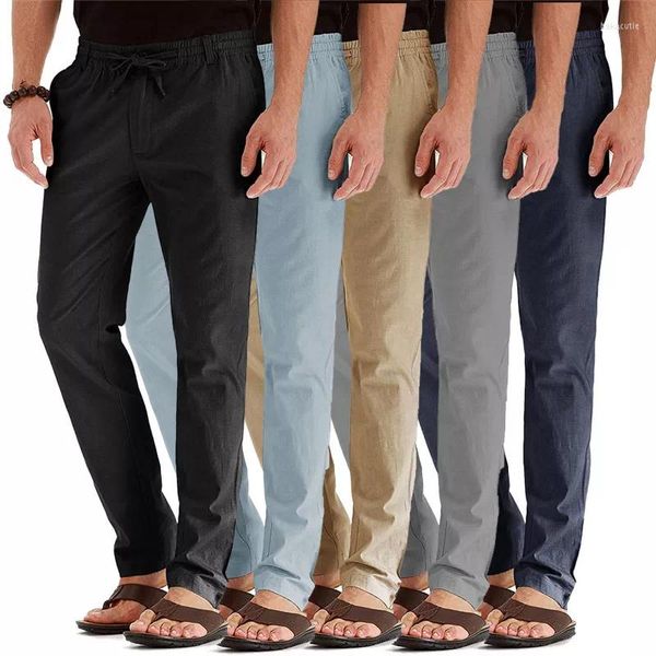 Pantaloni da uomo IN Casual da uomo Business Pantaloni dritti in cotone e lino traspiranti Maschili Slim Fit Elastico in vita Cachi da uomo EUR