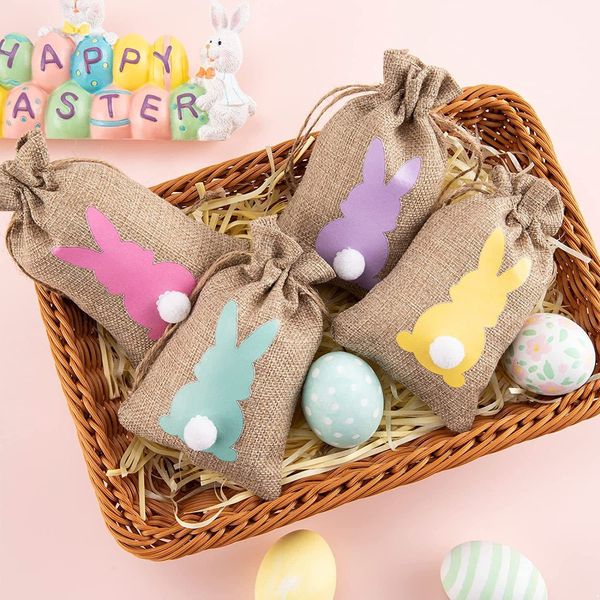 Ostern-Partybevorzugungs-nette lustige Kaninchen-Ei-Organisator-Bündel-Mund-Süßigkeits-Verpackungs-Geschenk-Beutel-Leinen-Kordelzug-Dekoration 10x5CM neu