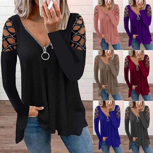 T-shirt feminina 2021 Autumn Winter Hot Drilling Zipper V Neck de manga longa Camista Mulheres Casual sexy Loose Hollow Out Solid Cirlt Top 5xl T230104