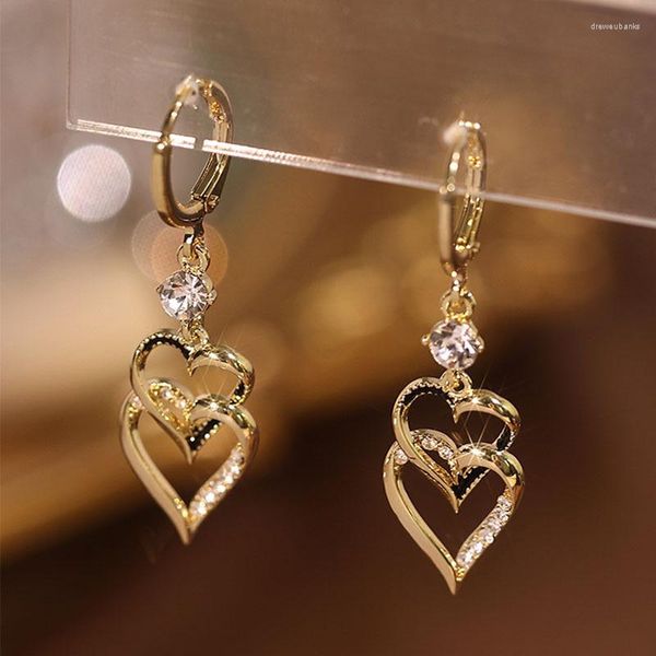 Orecchini pendenti coreano a doppio strato Love Nappa Luxury Crsytal Hollow Out Geometric Heart Drop Earring Women Fashion Hoop