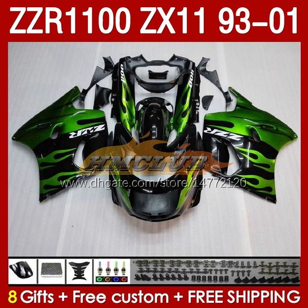 Body for Kawasaki Ninja ZX-11 R ZZR-1100 ZX-11R ZZR1100 ZX 11 R 11R ZX11 R 1993 1994 1995 2000 2001 165NO.11 ZZR 1100 CC ZX11R 93 94 95 96 97 98 99 00 01 FARING Kit Green Flame