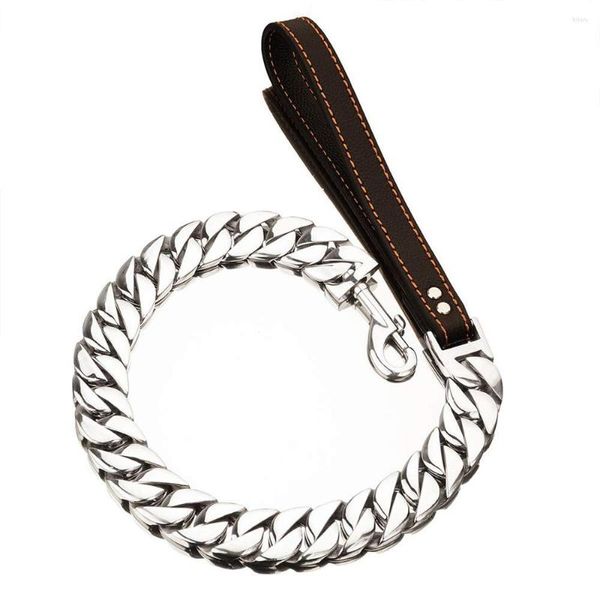 Hundehalsbänder Edelstahl Hundeleine Super starke silberne Haustierhalsbandleine 32 mm Breite Goldkette mit PU-Leder für den großen Einsatz