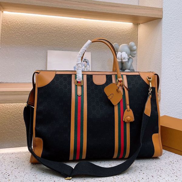 Bolsa Tote de Grande Capacidade Bolsas de Viagem Bolsa Moda Couro Genuíno Clássico Listrado Teia Ferragens Douradas Letras Zíper Bolsas de Ombro Femininas Abertas