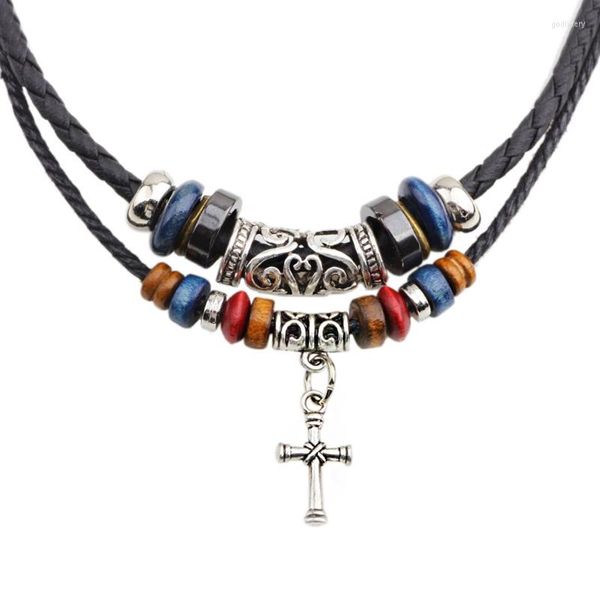 Anhänger Halsketten Vintage Tribal Stil Boho Leder Halskette Hippie Doppelschichtig Geflochtene Perlen Kreuz Hundezahn Schmuck Geschenk