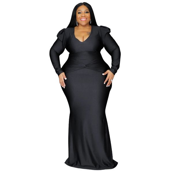 Mulheres Sexy Plus Size vestidos de manga comprida V Nech Ruched Party Evening Bodycon Maxi Dress