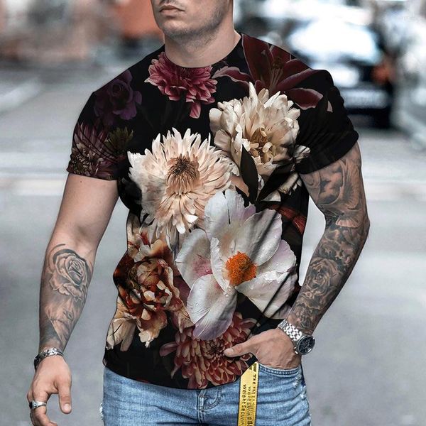 T-shirt da uomo Personalità estiva Peony Rose Flower Trendy Menswear T-shirt con stampa 3D per uomo T-shirt casual a maniche corte bella