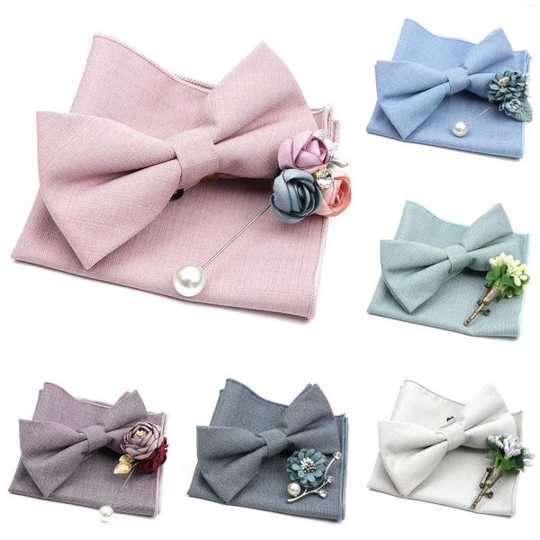 Fliege für Herren, Hochzeit, Fliege, Brosche, Set, romantisch, einfarbig, Bambusfaser, Schleife, Blume, Anstecknadel, Blau, Rosa, Krawatte, Anzug, Hemd, Zubehör