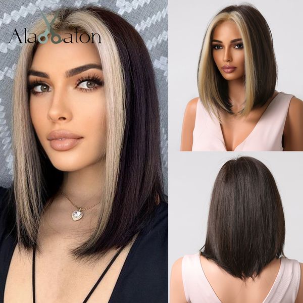 Dunkelbraune Bob-Perücke, Highlight-Blonde, synthetische Perücken für Frauen, kurzer Mittelteil, afroamerikanisches Haar, hitzebeständig, direkt ab Werk