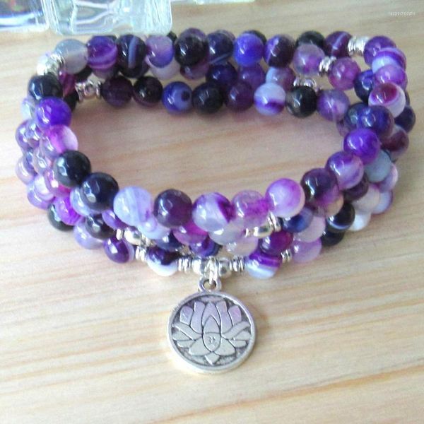 Braccialetti di collegamento all'ingrosso Viola Crystala 108 Mala Yoga Bracciale Design Fiore di loto Fascino Cuore Chakra Bilancio energetico