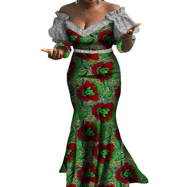 Afrikanische Kleider Für Frauen Bazin Riche Stil Femme Afrikanische Kleidung Anmutige Dame Print Wachs Plus Größe Party Meerjungfrau Kleid WY8103