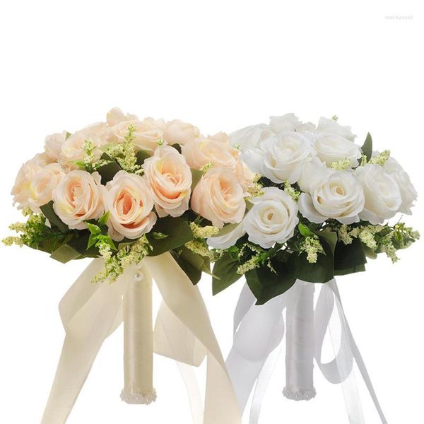 Flores decorativas Buquê de noiva Casamento artificial de flores de rosas com fitas para a noiva Igreja