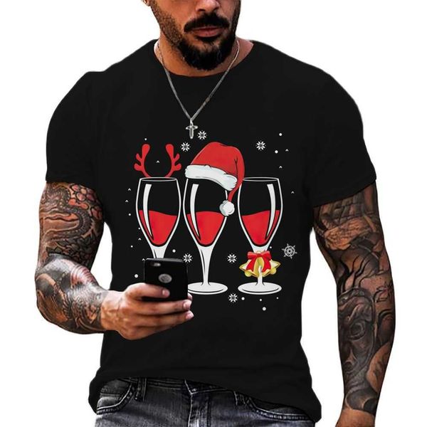 Erkek Tişörtleri Noel Element Baskı Tişörtleri Erkekler Moda Şarabı Cam Deseni O boyun boyunlu Kısa Kollu Yeni Yıl Parti Tarzı Tees T230103