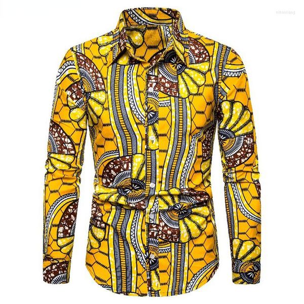 Camisas casuais masculinas Camisa de estampa de cera africana Men 2023 Moda de manga longa de rua de rua masculina roupas étnicas tribais
