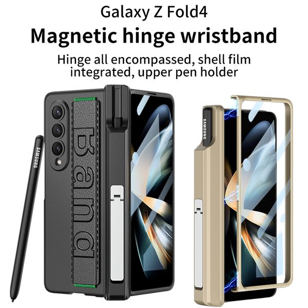 Casos de pulseira de dobradiça magnética para Samsung Galaxy Z Fold 4 Caixa temperada portador de caneta de vidro temperado Tampa protetora de tela