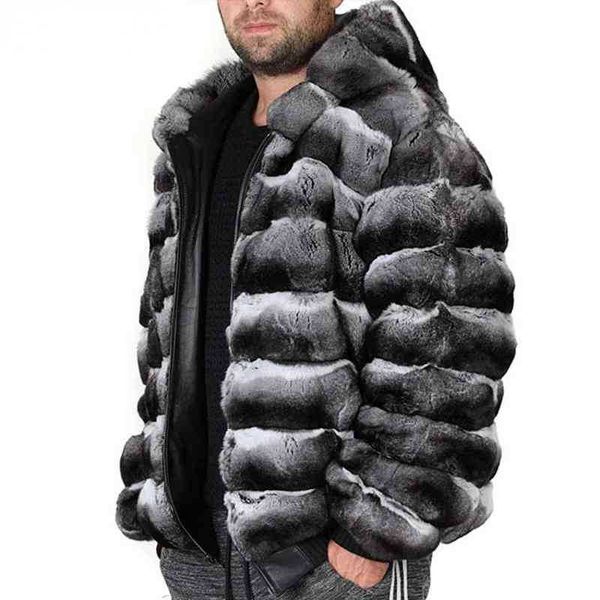 Меховое покрытие Men Jacket 2023 Зимняя мода с капюшоном теплое настоящее REX REX Outwear Owear Закрытие молнии плюс размеры индивидуальные
