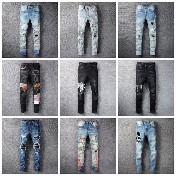 Мужские джинсы дизайнер мужчина мужчина, расстроенные разорванные узкие ковбойские брюки Джин Рок Брюки Прямой тонкий джинсовый джинсовый джинсы.