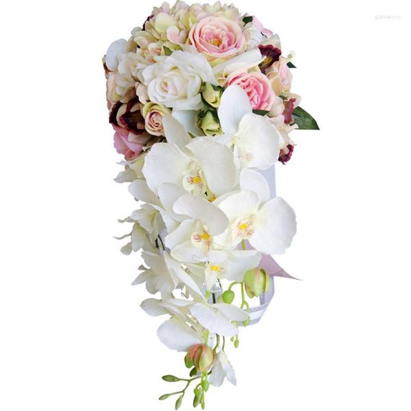 Fiori decorativi Cascata Matrimonio Floreale Bouquet da sposa damigella d'onore Sposa artificiale Mano che tiene mazzi Pografia Fiore