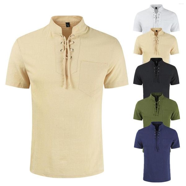 Camisetas masculinas camisetas de verão Moda de manga curta Colar de colarinho de colarinho e linho hippie top-up tops Camiseta Hombre#G3