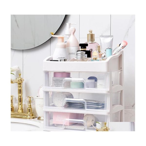 Organização de armazenamento do banheiro MTI Camada Cosmética der Makeup Organizer Women Jewelry Recipler Make Up Brush Cotton Swabs Batons Dhrz6