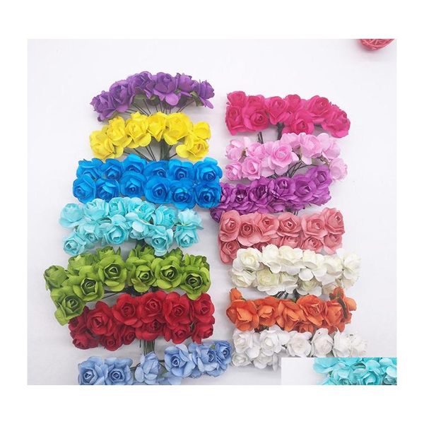 Ghirlande di fiori decorativi 72 Pz / lotto 2 Cm Diametro Testa di fiore di carta artificiale Mini Mticolor Bouquet di rose per Scrapbooking Wedding Dheqk