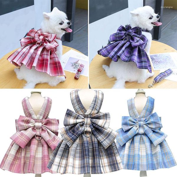 Collari per cani Gonna scozzese per gatti Pettorina regolabile per animali domestici Cintura toracica Abito da sposa Abiti per cani di piccola taglia Abiti con corda Bowknot