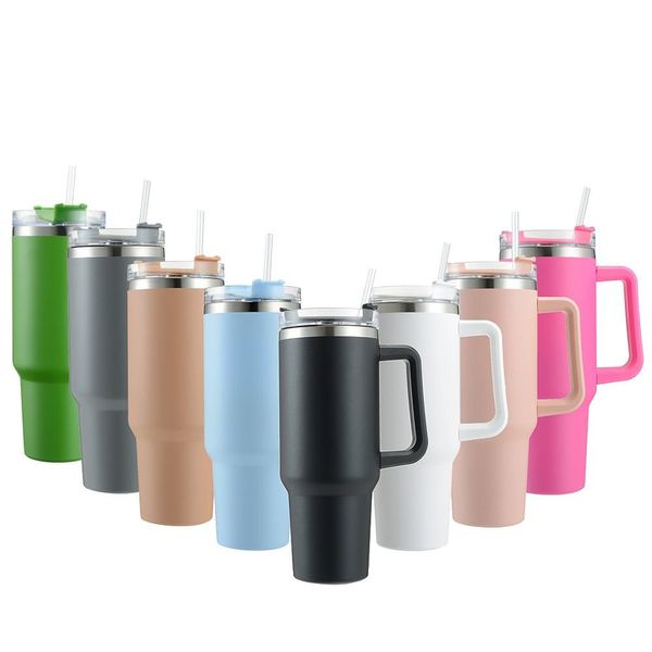 Café-Isolierbecher mit Strohhalm, Edelstahl, für Kaffee, Thermobecher, Isolierflaschen fürs Auto, tragbare Wasserflasche, 1113 ml, Becher mit Griff, großes Fassungsvermögen