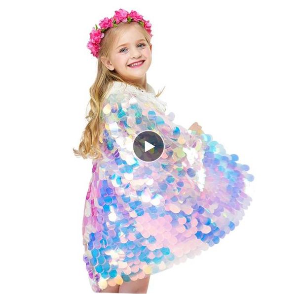 Mode Glitter Mehrfarbige Pailletten Schal Glänzende Mädchen Mantel Blingbling Fee Prinzessin Cape Weihnachten Party Halloween Kinder Kleidung