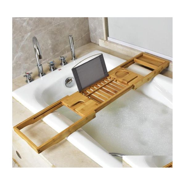 Set di accessori per bagno estendibile in bamb￹ vassoio vassoio spa caddy organizzatore scaffale rack water drop drop drop home giardino bagno un dh3rw