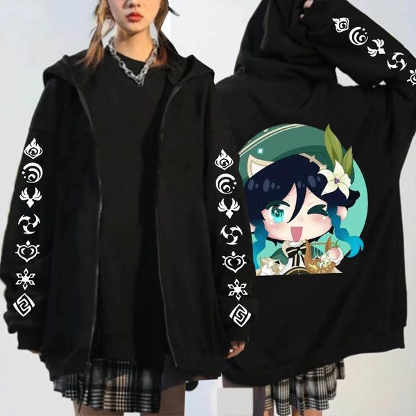 Felpe con cappuccio da uomo Anime Genshin Impact Barbatos Cerniera Donna Uomo Kawaii Stampato Felpe Harajuku Inverno Spessa Calda Giacca con zip Cappotti