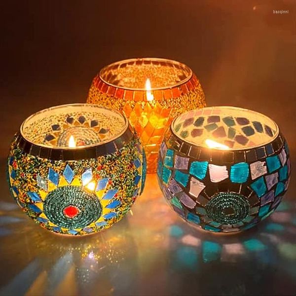 Titulares de vela Mosaic portador de mosaico de vidro Toça romântica Candlestick Tea Light Candelabra Cup para Jantar de Candleira de Partidos de Casamento