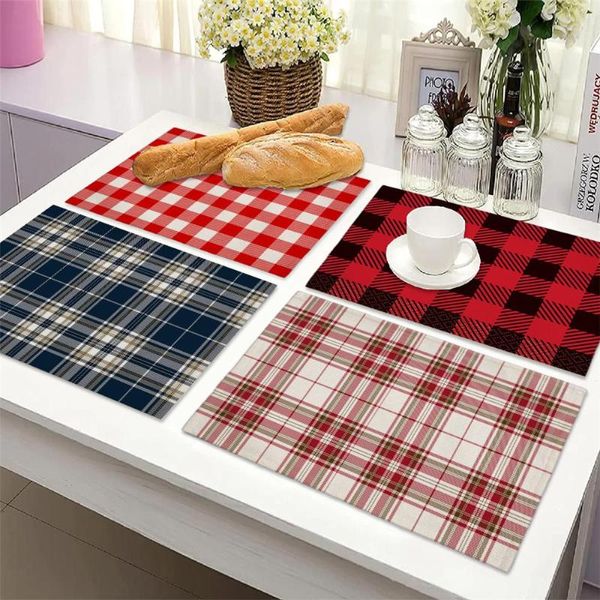 TABELA MATS CLÁSSICO Big Big Scotland Plaid Placemats Imprima rosa cáqui na marinha marinha azul copo Pads de cozinha sala de jantar vintage férias bebida