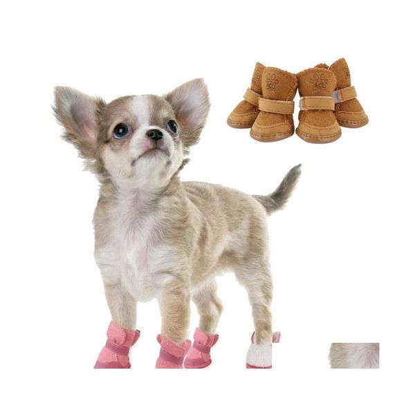 Abbigliamento per cani 4 pezzi Scarpe per animali Stivali invernali impermeabili Calzini antiscivolo Cucciolo di gatto Pioggia Stivaletti da neve Calzature per cani di piccola taglia Chihuahua Goccia Dh1Ge